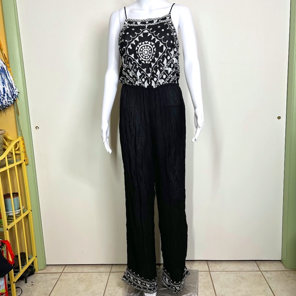 Raga Anthropologie Black Gauze Wide Leg  Jumper Embroidered Bodice and Hem S NWT - Picture 1 of 16